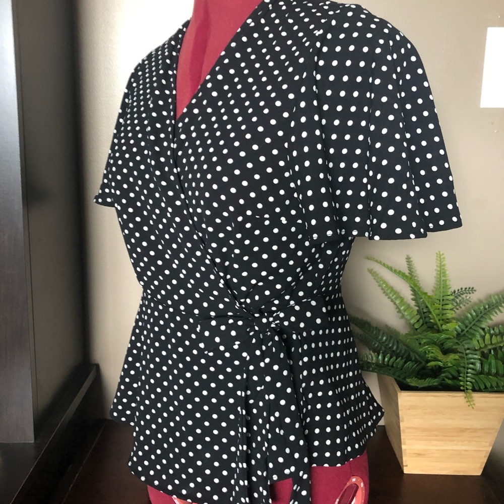 Polka dot wrap shirt. Great for office. Great price.